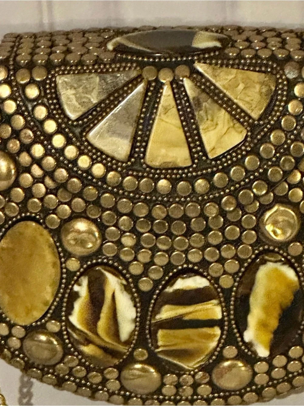 Vintage Brass Mosaic Clutch Boho Hard Case Evening Bag Stones Crossbody